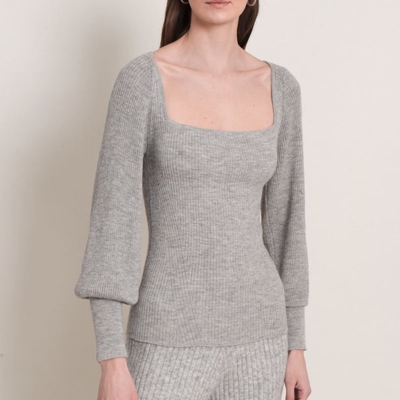 Eleven Six Alpaca Camilla Sweater S, Gray Ribbed Knit, Square Neck Long Sleeve - Picture 2 of 15